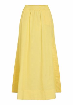 Geltona maksi sijonas su subtiliomis vertikaliomis juostelėmis, elastine juosmens dalimi ir šoninėmis detalėmis, pateikta baltame fone.