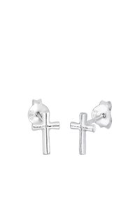 Sølv kors stud øreringe med en poleret finish. Har et geometrisk design og en enkel sommerfugl spænde. Mærket "925" for sterlingsølv.