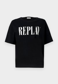 Černé bavlněné tričko s krátkým rukávem, s výrazným bílým logem "REPLAY" na přední straně, kulatým výstřihem a volným střihem.