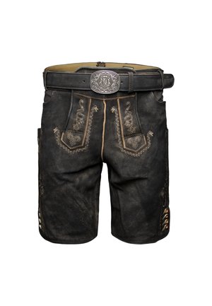 Schwarze Lederhosen mit dekorativer Stickerei, einem silbernen Schnallen-Gürtel, seitlichen Taschen und Knopf-Akzenten an den Beinen.