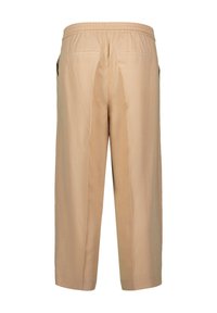 Khaki trousers with an elastic waistband, side pockets, and back pockets. Straight-leg design with a smooth texture and simple stitching.