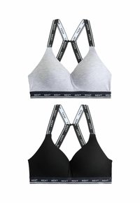 Grijze en zwarte bh's met een cross-back ontwerp en gebrandmerkte straps. Zachte stof met een gladde textuur en een elastische band voor comfort.