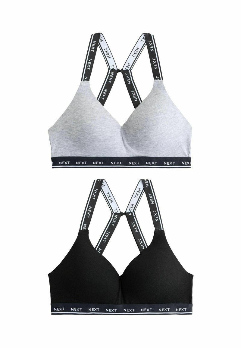 Grijze en zwarte bh's met een cross-back ontwerp en gebrandmerkte straps. Zachte stof met een gladde textuur en een elastische band voor comfort.