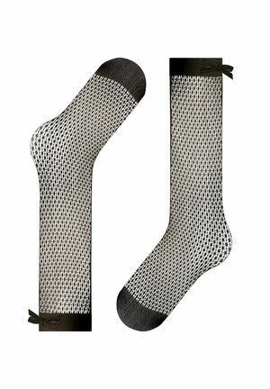 Zwarte netkousen met een geometrisch patroon, gestructureerde stof en contrasterende effen zwarte manchet met lintdetails. Twee verschillende lengtes.