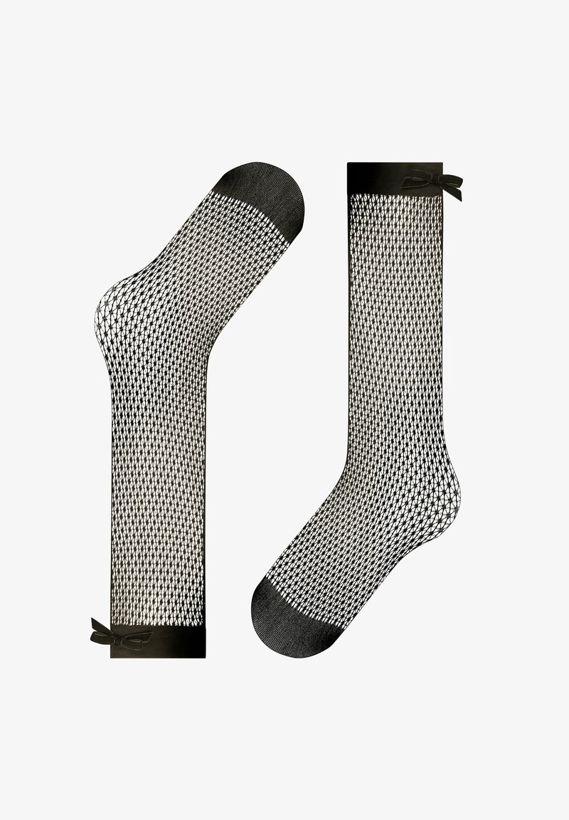 Schwarze Netzsocken mit geometrischem Muster, текстuriertem Stoff und kontrastierendem, einfarbigem schwarzen Bündchen mit Ripsband-Details. Zwei verschiedene Längen.