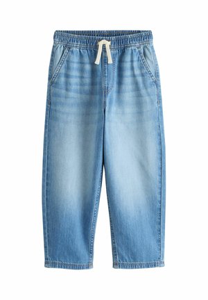 Light blue denim jogger pants with elastic waistband and white drawstring, front pockets, and relaxed straight-leg fit.