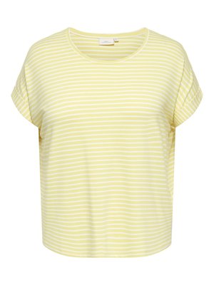 Kortærmet T-shirt med gule og hvide horisontale striber, rund halsudskæring og opsmøgede ærmekanter.