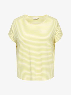 T-shirt met korte mouwen in geel en wit met horizontale strepen, een ronde hals en opgevouwen mouwboorden.