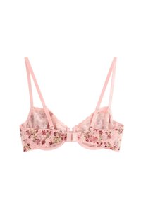 Bralet cu dantelă roz, cu model floral, bretele ajustabile și un accent sub formă de fundiță în centru. Dispune de material transparent și o textură delicată.