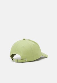 Light green cotton baseball cap with a curved brim, adjustable strap at the back, and a small button at the top. Smooth texture.