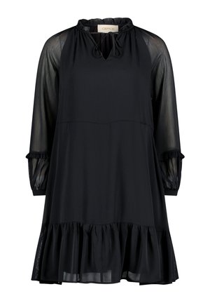 Czarna sukienka z okrągłym dekoltem, detalem w kształcie łezki, przezroczystymi długimi rękawami oraz falbaną u dołu. Wykonana z lekkiego, zwiewnego materiału.
