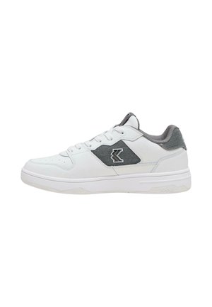 White athletic shoe with gray accents, featuring a smooth leather upper, padded collar, and textured side panel for added grip.