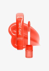 Helles Korallenorangefarbenes NYX Jelly Job Lippen-Glosstube mit Applikatorstab und passendem Glanzfleck im Hintergrund.