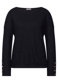 Felpa nera a maglia con scollatura ampia, spalle cadenti e dettagli di bottoni decorativi sulle maniche. Texture morbida e vestibilità rilassata.