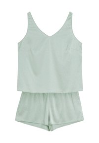 Jasnozielony zestaw do spania składający się z bezrękawowej bluzki z dekoltem w kształcie litery V oraz krótkich szortów. Wykonany z gładkiego materiału w małe białe kropeczki.