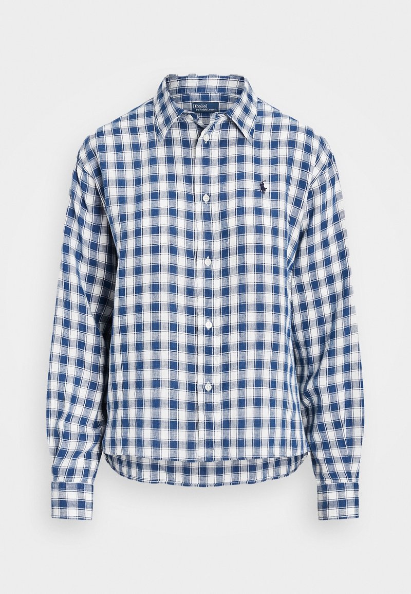 Modrá a bílá kostkovaná košile s dlouhými rukávy, kulatým lemem, zapínáním na knoflíky vpředu a malým logem na hrudi. Tkanina se zdá být lehká.