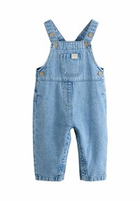 Vaaleansiniset farkkuhaalarit, joissa säädettävät olkaimet, etutasku ja nappikoristeet. Sileä pinta ja rento istuvuus.