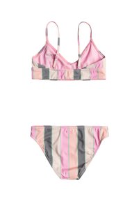 Conjunto de bikini a rayas rosa y gris, hecho de una tela suave, con tirantes ajustables en la parte superior y etiqueta de logo en la parte inferior.