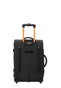 Valigia nera con ruote e manico retrattile arancione. Presenta il logo Jeep, una finitura testurizzata e due maniglie laterali per un facile trasporto.