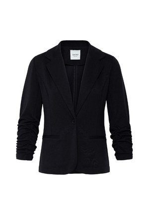 Blazer pour femme noire avec manches longues froncées, fermeture frontale à un bouton, revers crantés et deux poches avant.