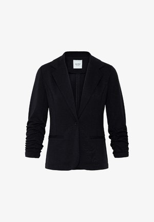 Blazer pour femme noire avec manches longues froncées, fermeture frontale à un bouton, revers crantés et deux poches avant.