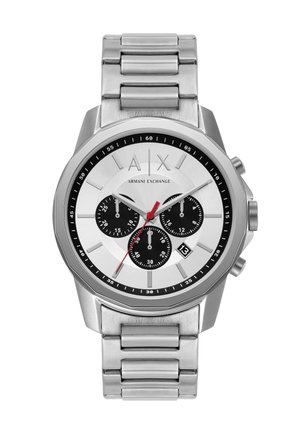 Silberne Armani Exchange Armbanduhr mit weißem Zifferblatt, drei schwarzen Nebenzifferblättern, rotem Sekundenzeiger, Datumsanzeige bei 4 Uhr und Metallgliederarmband.