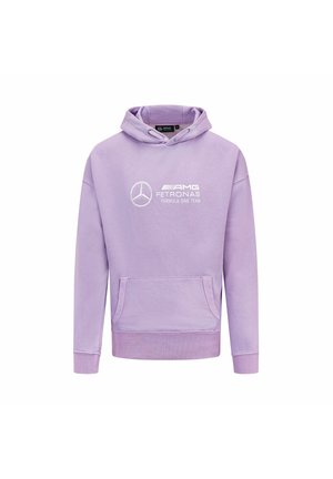 Fioletowa bluza z kapturem z miękkiego materiału, z przednią kieszenią kangurką, z białymi nadrukami logo: AMG, Petronas i Zespół Formuły Jeden.