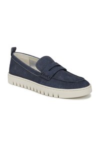 Marineblauwe denim instapschoen met een brede banddetail, textuur op de bovenkant en een rubberen zool met een kenmerkend ribbelpatroon.