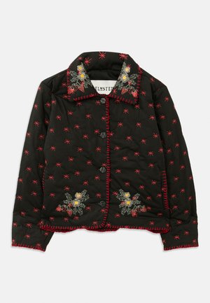 Black quilted jacket with red embroidery and floral accents. Features a button closure and contrasting red stitching on the edges.