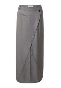 Grauer Wickelrock aus glattem, leichtem Stoff. Mit einem Knopfverschluss und einer seitlichen Tasche, die ein elegantes Design und eine gerade Silhouette bieten.