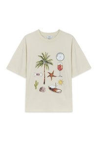Beige T-shirt met grafische afbeeldingen van een palmboom, een sterrenvis, een wijnglas, een cactus, een schelp, een boot, de zon en een "Ibiza" bord.