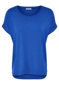 Blue short-sleeve casual T-shirt with rolled cuffs and a round neckline.