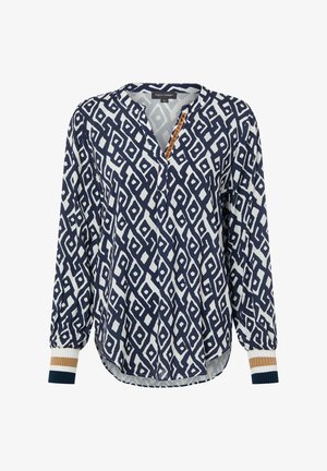 Navy and white patterned blouse with a V-neck, long sleeves, elastic cuffs, and a front placket featuring light brown accents.