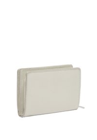 Billetera de cuero blanco con una textura suave, forma rectangular y diseño minimalista. Presenta costuras visibles y un cierre de cremallera.