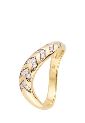 Goldener Ring mit Zickzackmuster aus eingelassenen runden klaren Edelsteinen und "925"-Markierung im Inneren des Rings.