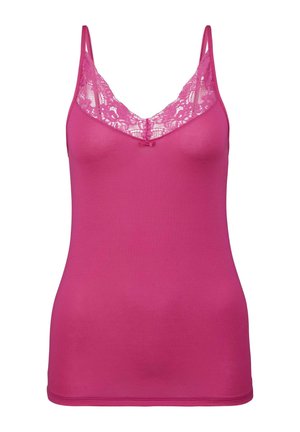 Fuchsia roze tanktop met dunne bandjes, kantdetails bij de halslijn en een gladde, rekbare textuur. Strikaccent aan de voorkant in het midden.
