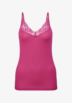 Débardeur rose fuchsia avec des bretelles fines, des détails en dentelle au niveau de l'encolure et une texture lisse et extensible. Accent nœud au centre devant.