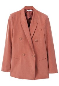 Blazer doppiopetto in morbido tessuto corallo, con colletto a rever, due tasche frontali e dettagli in bottoni metallici.
