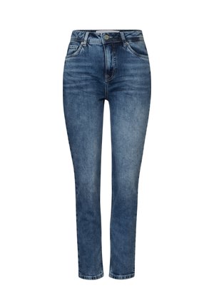 Jeans in denim con un lavaggio blu medio, design a gamba dritta, cinque tasche e chiusura con zip classica e bottone.