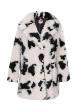 Faux-Fur-Mantel im Schwarz-Weiß-Leder-Muster. Verfügt über einen gekerbten Kragen, zwei Knöpfe und ein weiches, strukturiertes Material.