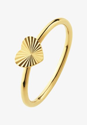 Guldpletteret ring med et hjerteformet element med en solstrålemønster, glat bånd og poleret finish.