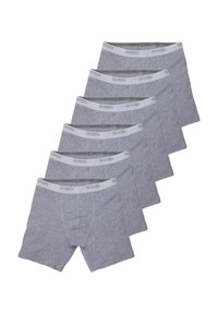 Boxer briefs in cotone grigio con una morbida vita grigia che mostra la scritta "SLOGGI" in un testo a contrasto, disposti in un mazzo di sei paia.
