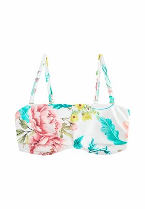 Haut de bikini floral avec une base blanche ornée de pivoines roses, de fleurs jaunes et de feuilles vertes ; bretelles ajustables ; coques rembourrées ; forme rectangulaire.