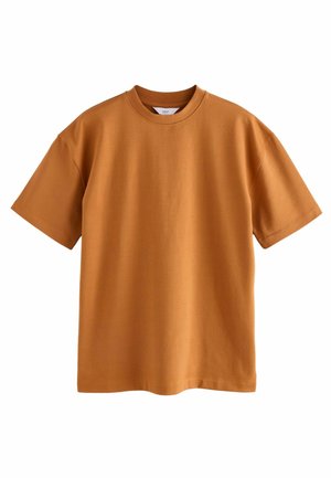 Kurzarm-T-Shirt in verbranntem Orange, aus Baumwolle, mit runder Ausschnittform und lockerer Passform. Glatte Textur, keine sichtbaren Muster oder Akzente.