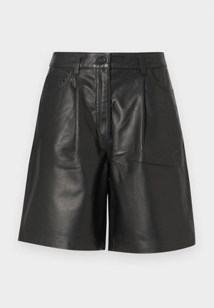 Črshorti iz usnja z gladko teksturo, z zaponko na sprednji strani, dvema žepoma in krojenjem v ravni liniji.