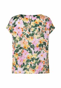 Blumenbluse mit kurzen Ärmeln, die ein pinkes, gelbes und grünes Muster auf einem hellen Hintergrund zeigt. Schlüsselchenverschluss hinten. Leichter Stoff.