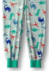 Lichte grijze joggers met dinosaurussen print, versierd met verschillende gekleurde dinosaurussen in rood, groen, blauw en wit, en voorzien van groene geribde boorden.