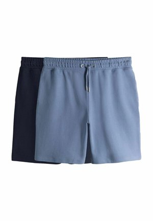 Două perechi de pantaloni scurți din țesătură côtelată, una albastru deschis cu șnur în față și una bleumarin închis în spate, așezate plan pe un fundal alb.