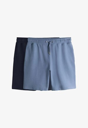 Kaks paari soonikkoes lühikesi pükse, üks helesinine ees nööriga ja teine tumesinine tagaplaanil, sirgelt valgel taustal.