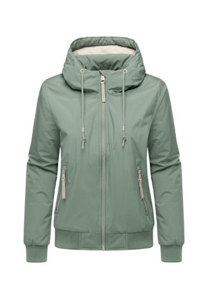 Light green hooded jacket made of smooth fabric. Features a front zipper, two side pockets, and elastic cuffs with drawstring adjustments.